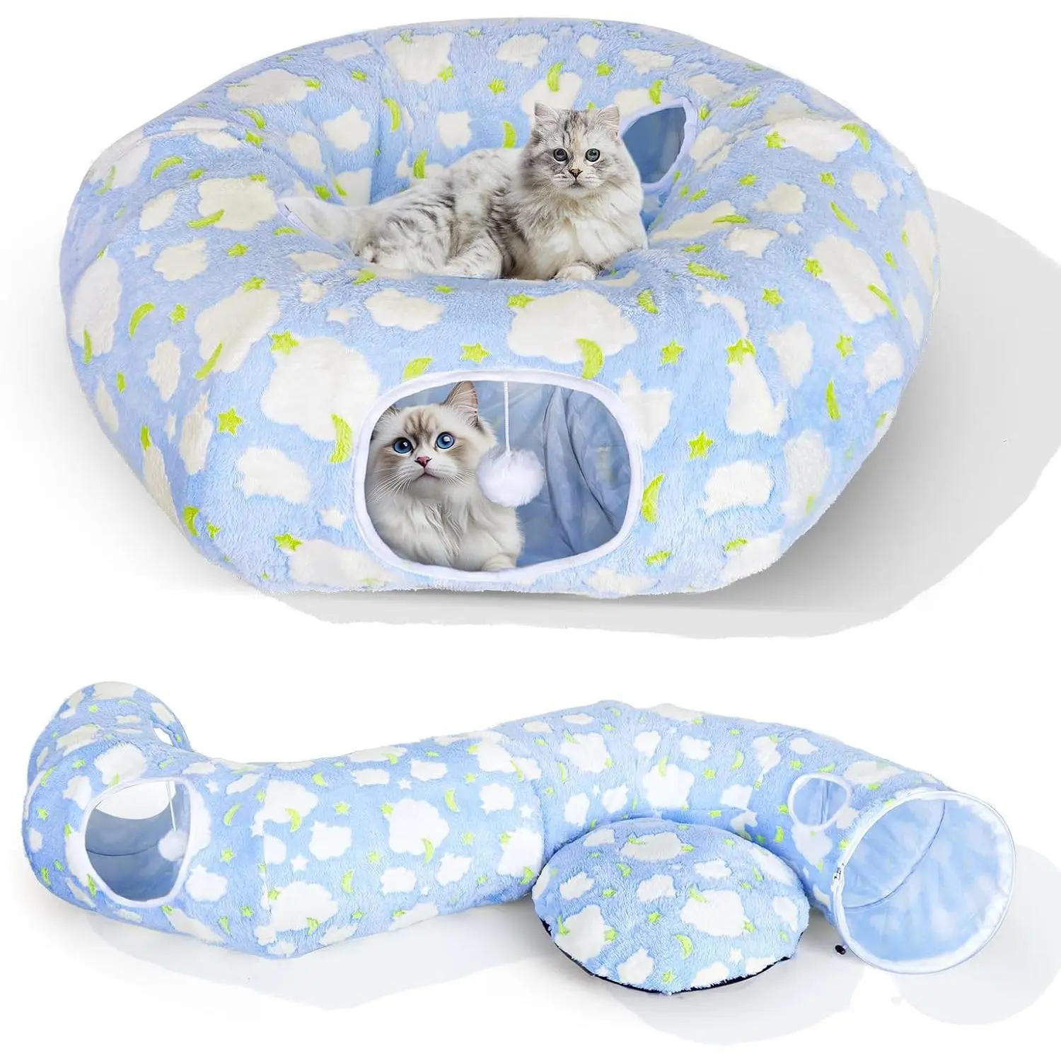 Cat Tunnel Bed, Foldable Cat Donut Tunnel with Removable Cushion, Toy Ball & Social Windows, Stress Relief Fun, Round Pet Play Tunnel  Indoor Cats, Kittens and Small Pets (3D Cloud Pattern)