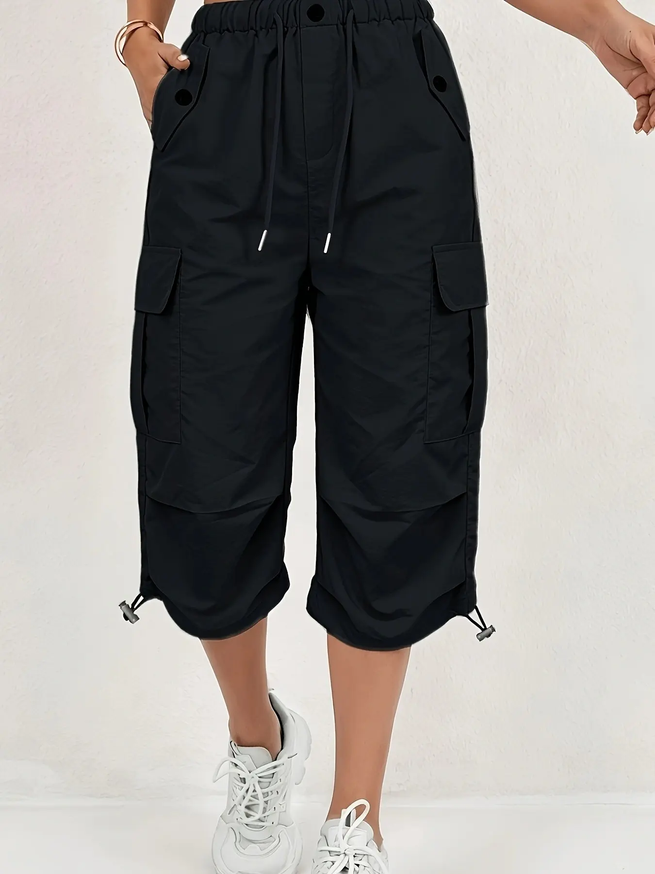 New Spring & Fall Drawstring Adjustable Multi-Pocket Seven-Eighths Pants, Elastic Waist Workwear Pants, Women's Loose Casual Pants