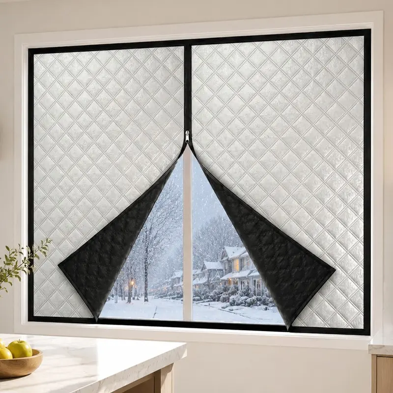 Zipper-Style Winter Thermal Insulated Curtain, Self-Adhesive and Drill-Free Installation, Convenient Zipper Opening Design, Helps Block Cold Drafts, Thickened Quilted Aluminum Foil Thermal Curtain for Bedrooms, Living Rooms, Kitchens, and Balconies.