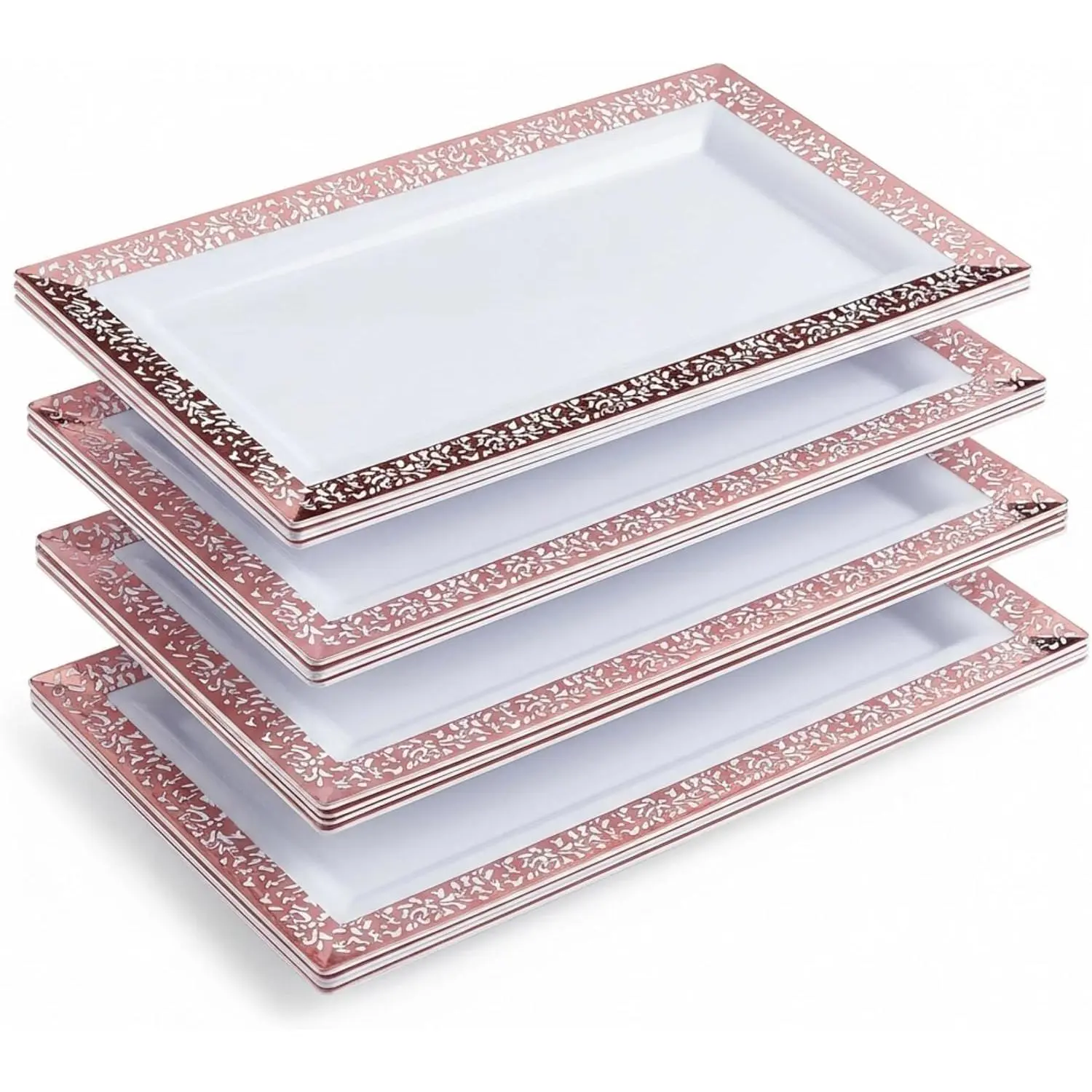 -Plastic Serving Tray & Platter Set (4pk) White & Rose  Lace Disposable Party Trays & Platters for  - Weddings, Dessert Table, Cupcake Display -14"x7.5" inches
