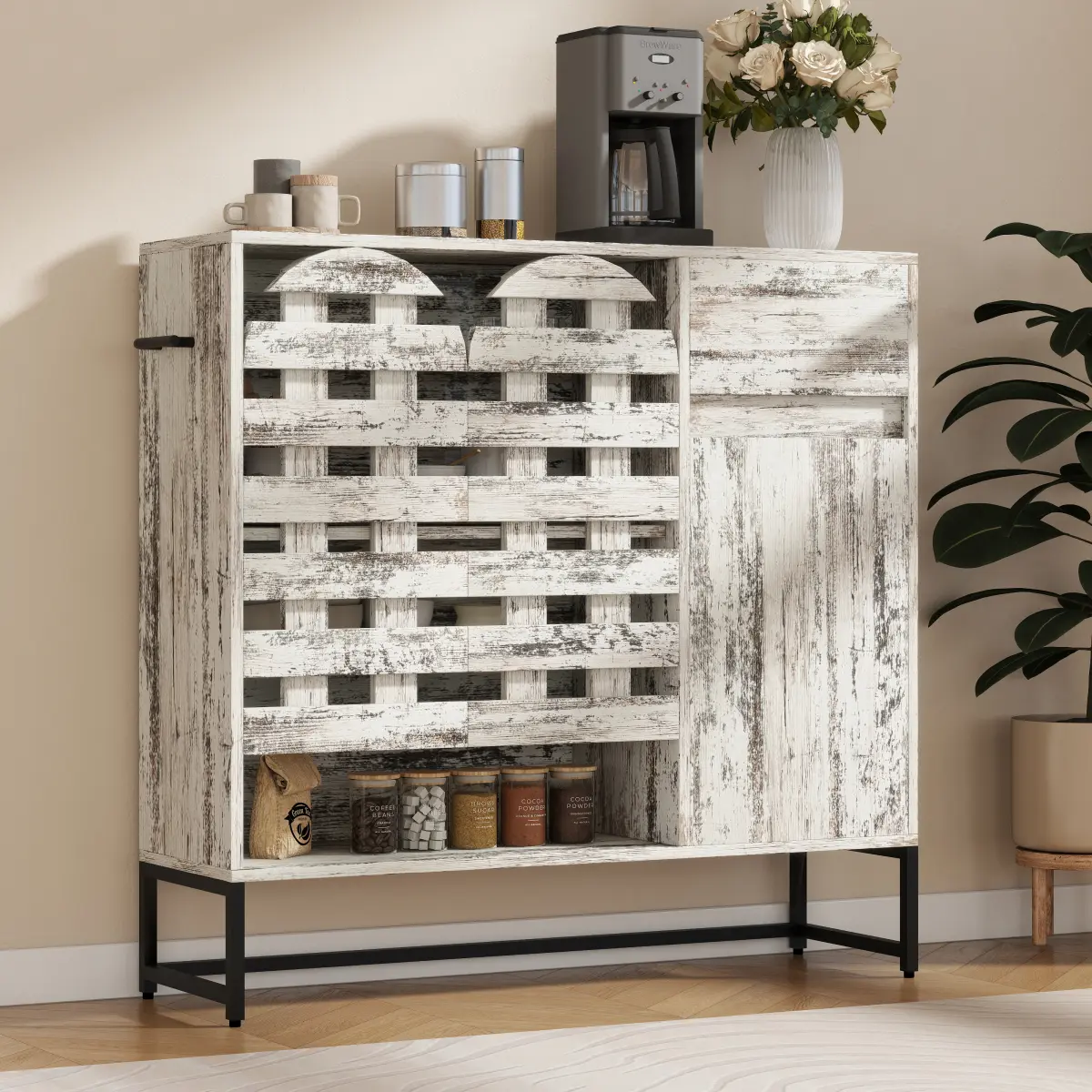 Aobtkel44.3"Farmhouse Sideboard Cabinet with Storage,Coffee Bar Console Table With Storage,rustic storage cabinet with arched lattice doors and drawer -  for Living Room,kitchen, Entryway retro white