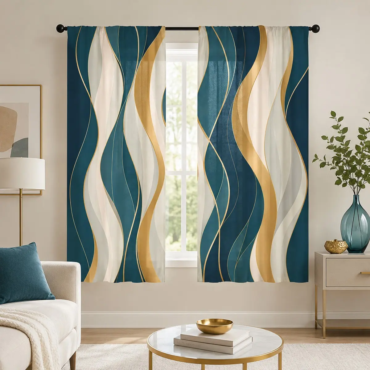 2pcs Abstract wave-pattern semi-blackout curtains featuring a gradient from lake blue to navy, accented with fine light-gold line prints; made of polyester and suitable for bedrooms, kitchens, studies, cafés, and more Window Curtains