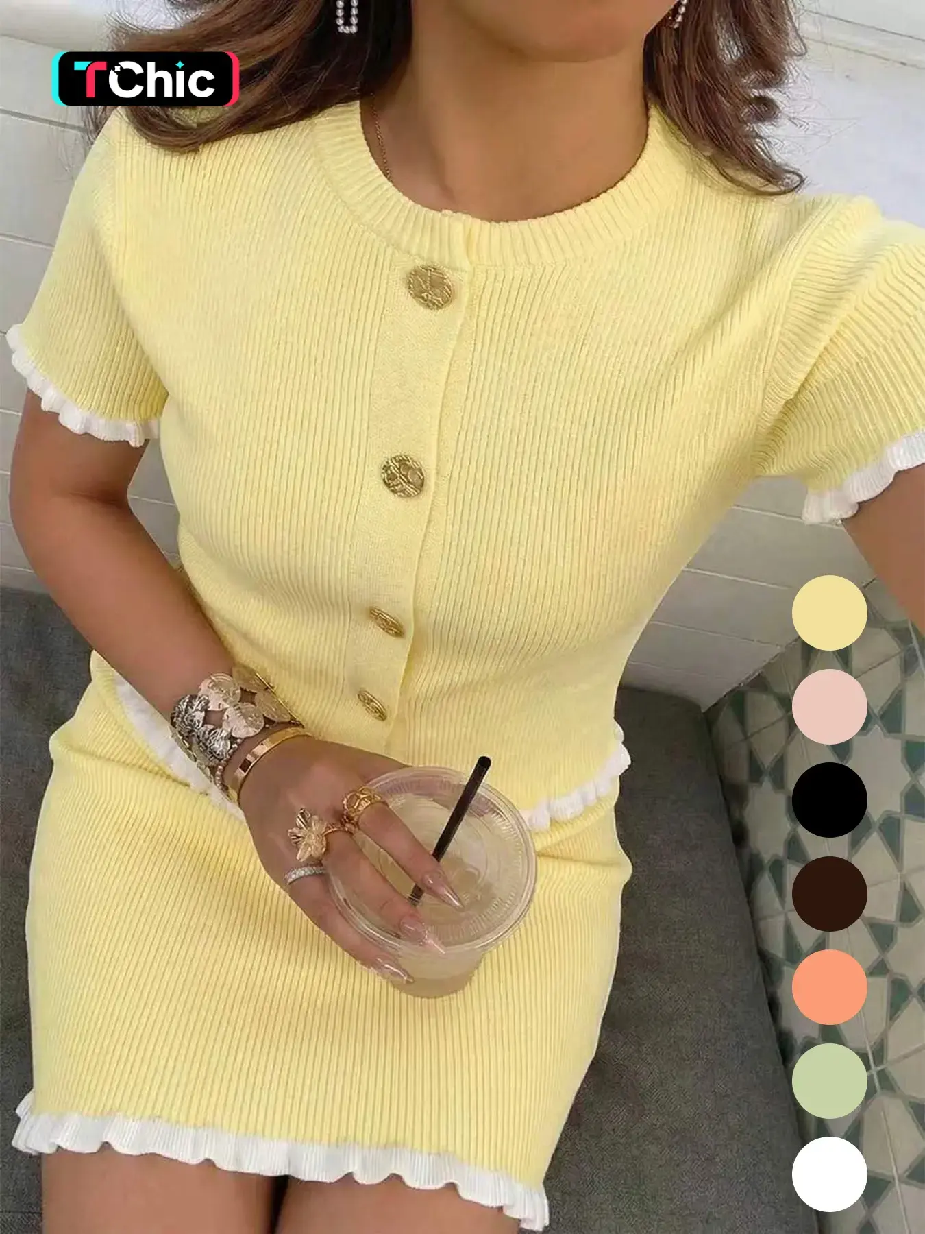 Women's summer casual elegant short-sleeved ruffled round-neck knitted two-piece Bodycon Set, suitable for daily life and festivals Fitted Womenswear Clothes