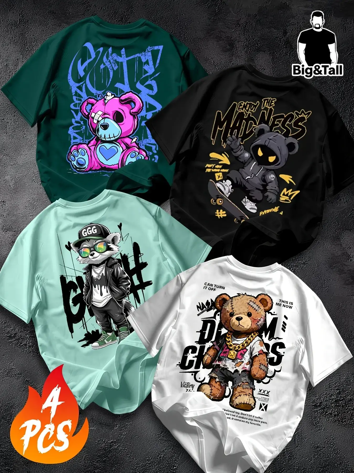 4-Pack Plus Size Men's T-Shirts, Menswear, Street Style Streetwear Cartoon Loose Fit Set, Casual Combo Tops, Long Lettuce Trim, Short Sleeve, All over Print, Cartoon Print Tee