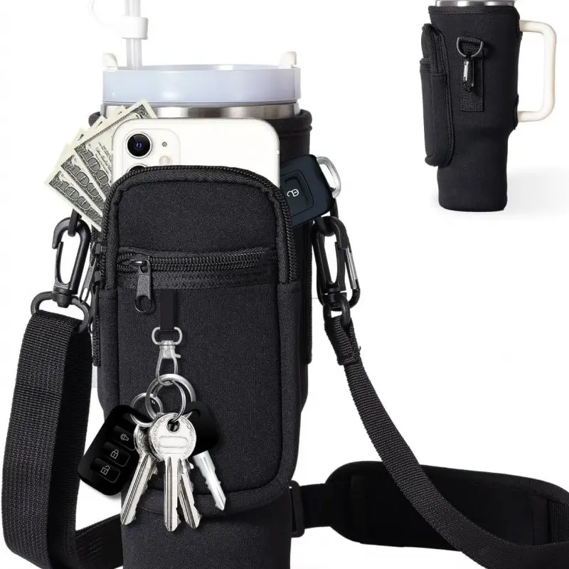 Neoprene Tumbler Holder Crossbody Bag for Stanley 40oz, Multi-Pocket Front Zipper Pouch Water Bottle Sleeve Cover, Adjustable Strap, Shockproof, Gym Hiking Travel