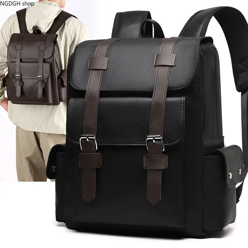 Unisex Faux Leather Everyday Carry Backpack - All-Black Adults' Durable Business Casual Daypack with Multiple Pockets, Adjustable Straps, Ideal for Campus Life & Urban Outdoor Use, Plain, Cold Wash, Backpacks For School, School Backpacks