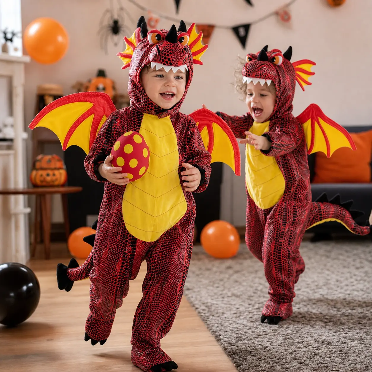 Kids Dragon Cosplay Set - Toddler Red Jumpsuit with Wings and Tail, Boys' Girls' Mythical Beast Outfit for Halloween Party, School Performance, Includes Wings