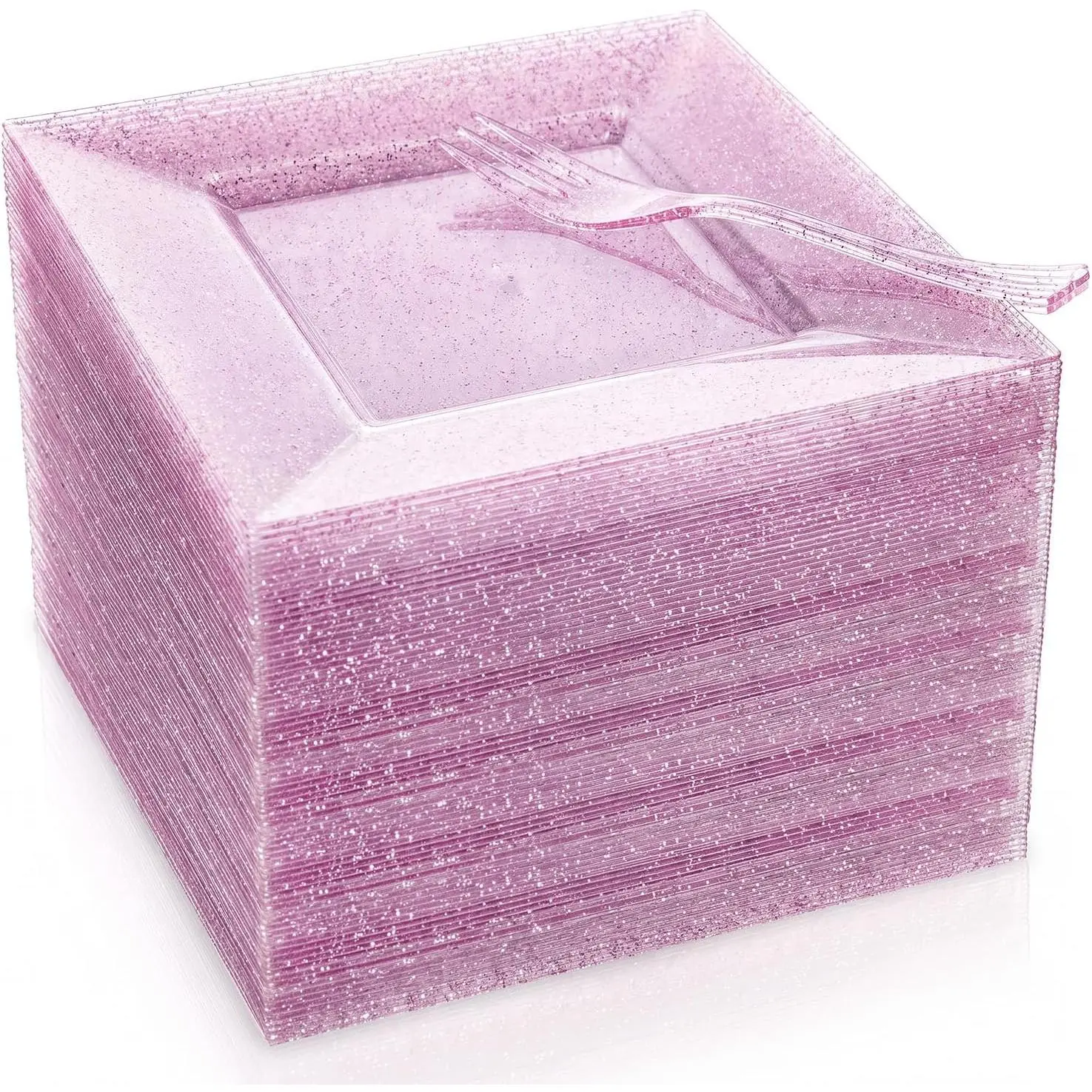 200 Pcs Pink Dessert Plates Including 100Pcs Appetizer plates 6'',100Pcs Plastic Forks 5.7'',Rose Glitter Plastic Square Plate for Wedding,Pink Cake plates and forks for Party Bridal Shower