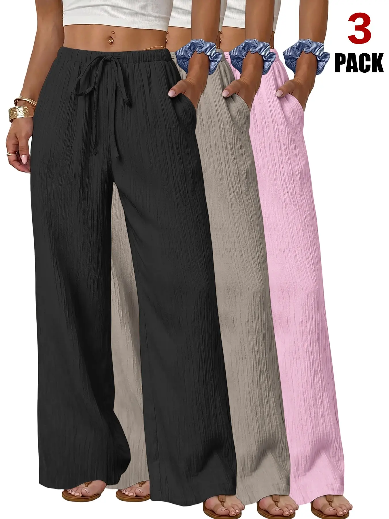 2026 Women Lightweight Textured Crinkle Wide Leg Palazzo Pants, Elastic Drawstring High Waist, Sleeveless, Casual Trousers for All Seasons