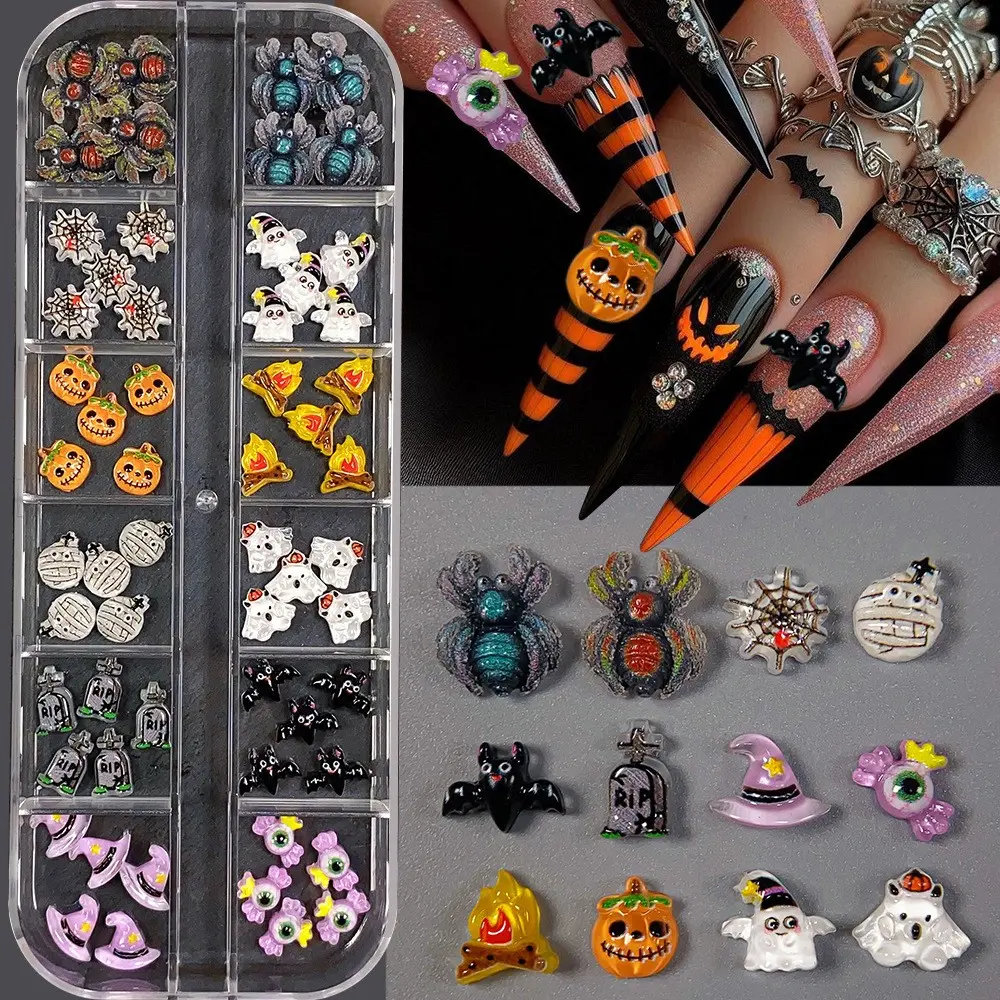 12 Grids Halloween Cartoon Resin Nail Charms, Ghost, Spider & Little Devil Cute Spooky Nail Decorations, Nail Art Accessories