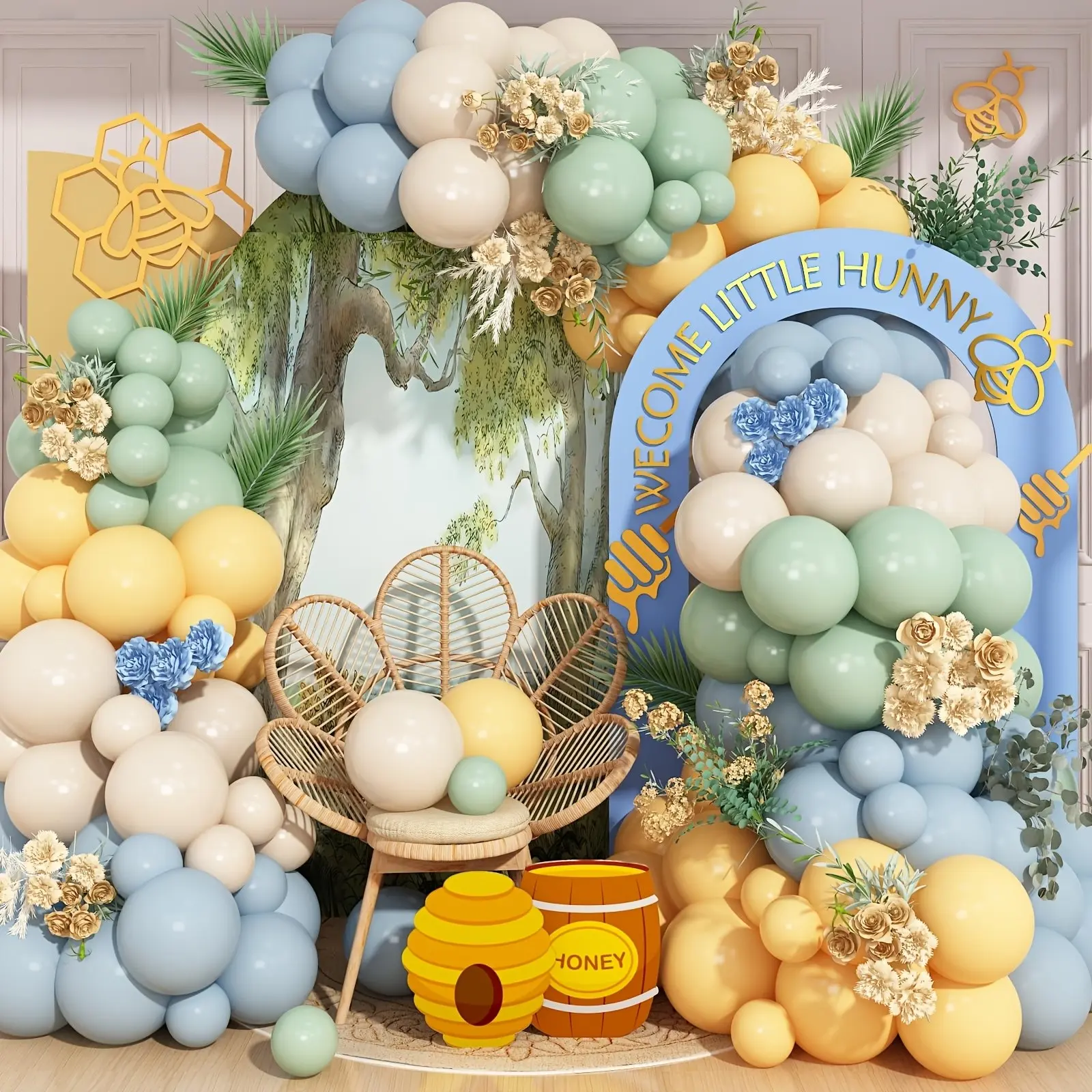 Dusty Blue Sage Yellow Ivory Balloon Garland Kit, Welcome Little Hunny Bee Themed Balloon Arch Decor for Baby Shower, Gender Reveal, 1st Birthday Party Supplies, Gender Reveal With Balloons