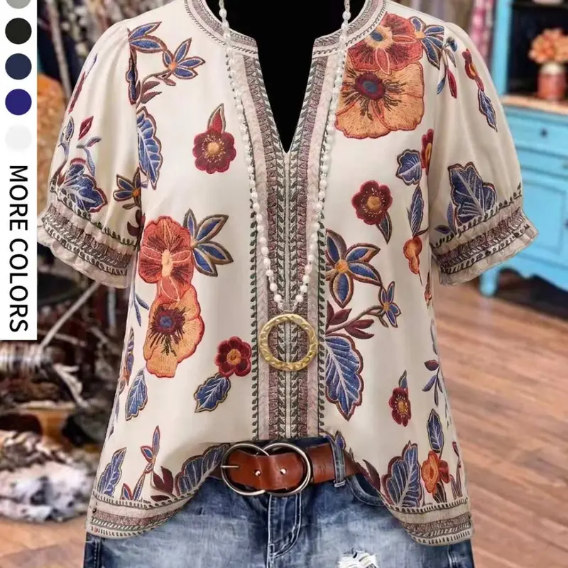 Plus Size Women's Bohemian Casual Floral Embroidery Pleated Notched-Neck Blouse & Shirred Design, Comfortable Loose-Fit Shirt, Boho Clothing, Ideal for Daily Wear and Parties