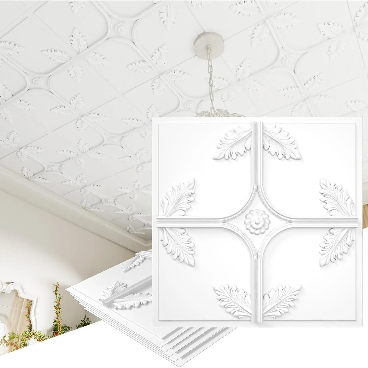 24 PCS 2x2FT Geometric Cross Leaf 3D Modern Minimalist PVC Waterproof Cuttable Ceiling Tiles (24x24In), 96 Sq.Ft Coverage for Living Room, Bedroom, 24X24inch