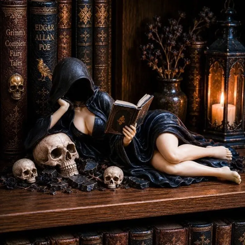 Gothic Hooded Reader Figurine Halloween Gothic Black Robe Witch Reading Figurine