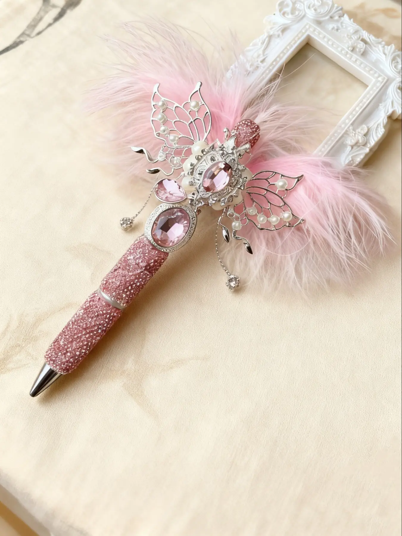 Bling Rhinestone Beaded Pen with Elegant Feather Wings Bead and Dual-Sided Glass Crystal Oval Metal Bead, Stylish Writing Accessory, Bead Pens, Fancy Pen
