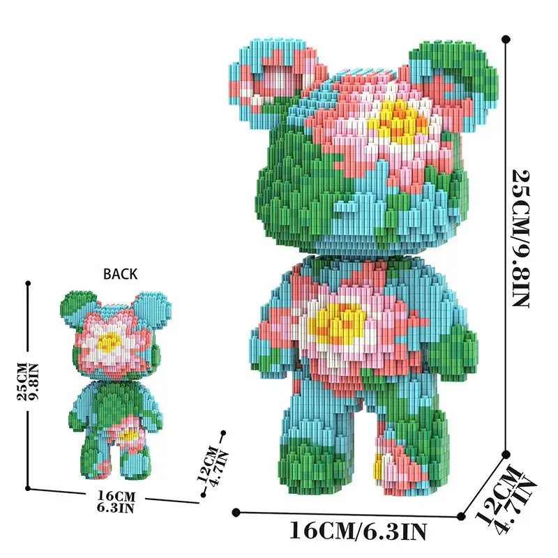 DIY Micro-Particle Lotus Block Bear, 3D Puzzle Building Blocks Toy, Creative Building Blocks, Bearbrick Style Decor Gift, Adult DIY Puzzle Ornament, Home Decoration, Holiday Gift