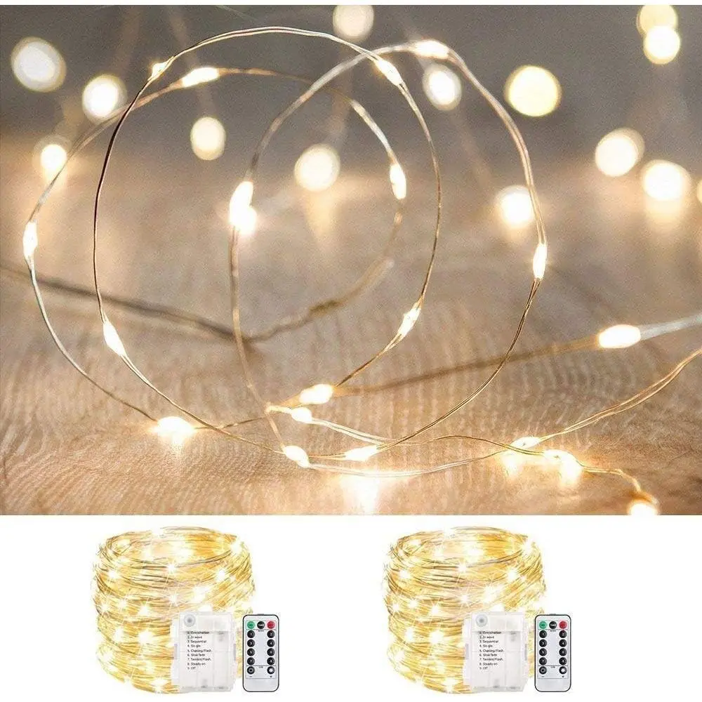 2 Pack 33Ft Battery Operated Fairy Lights with Remote Timer, Warm White - 100 LED Waterproof Twinkle String Lights for Home, Party, Wedding, Christmas DecorationsGift