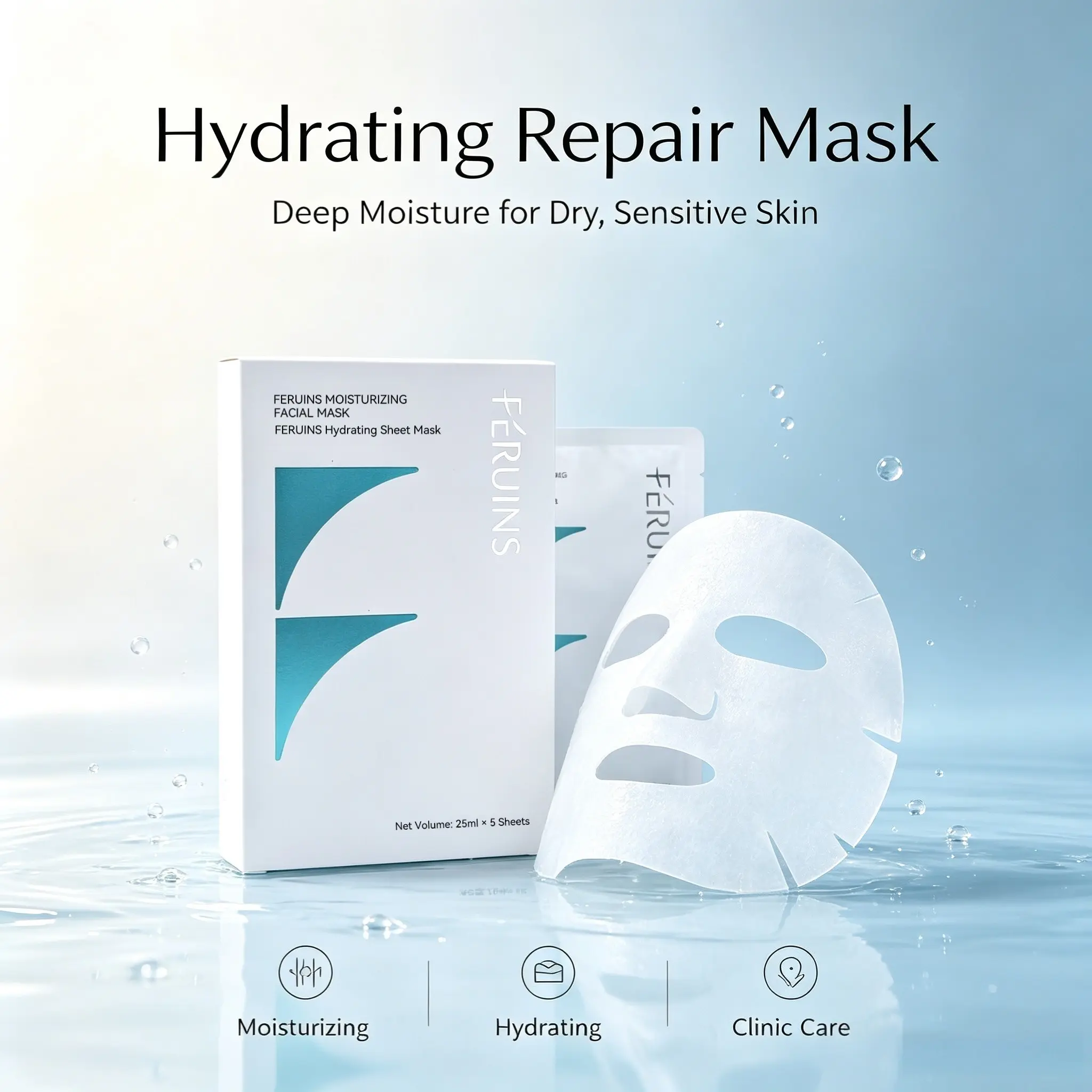 FERUINS 5 Sheets Moisturizing Facial Mask, Hydrating & Repairing Gentle Mask for Daily Glow Skin Care. Infused with plant extracts to nourish skin, boost long-lasting moisture retention. Mild on skin, suitable for all skin types.