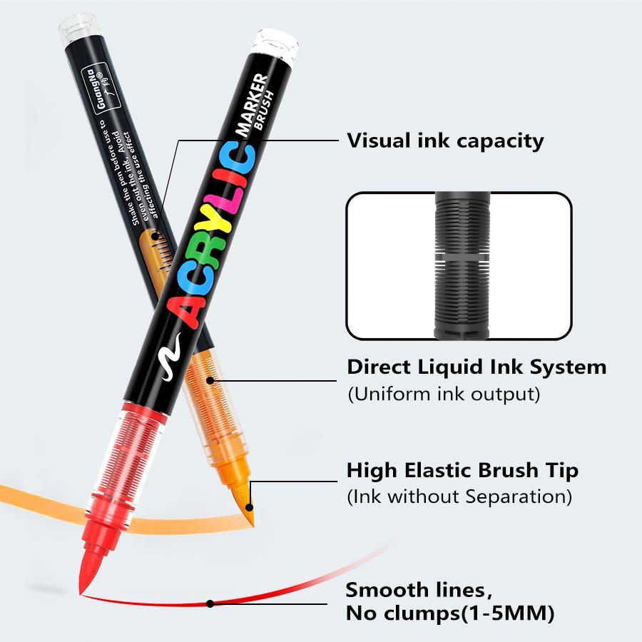Acrylic Marker Pen Set, 1 Set Waterproof Soft Brush Markers Set, Flexible Tip Marker Pen for Glass Stone Wood Plastic Paper #TOP PICKS