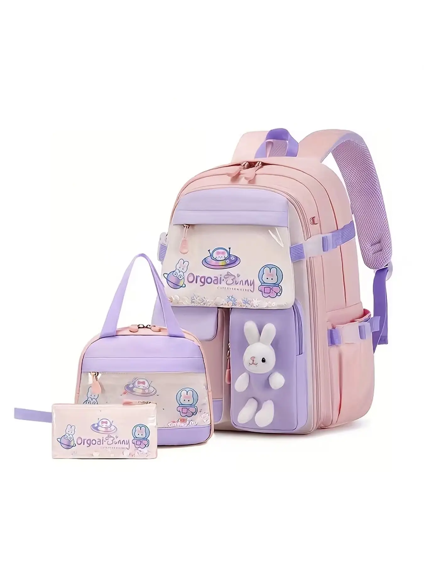 3pcs Girls School Backpack Set with Lunch Box & Pencil Case, Cute Rabbit Design, Fashion Crossbody Shoulder Bag for All Seasons, Bunny Backpack, Cute Daypacks