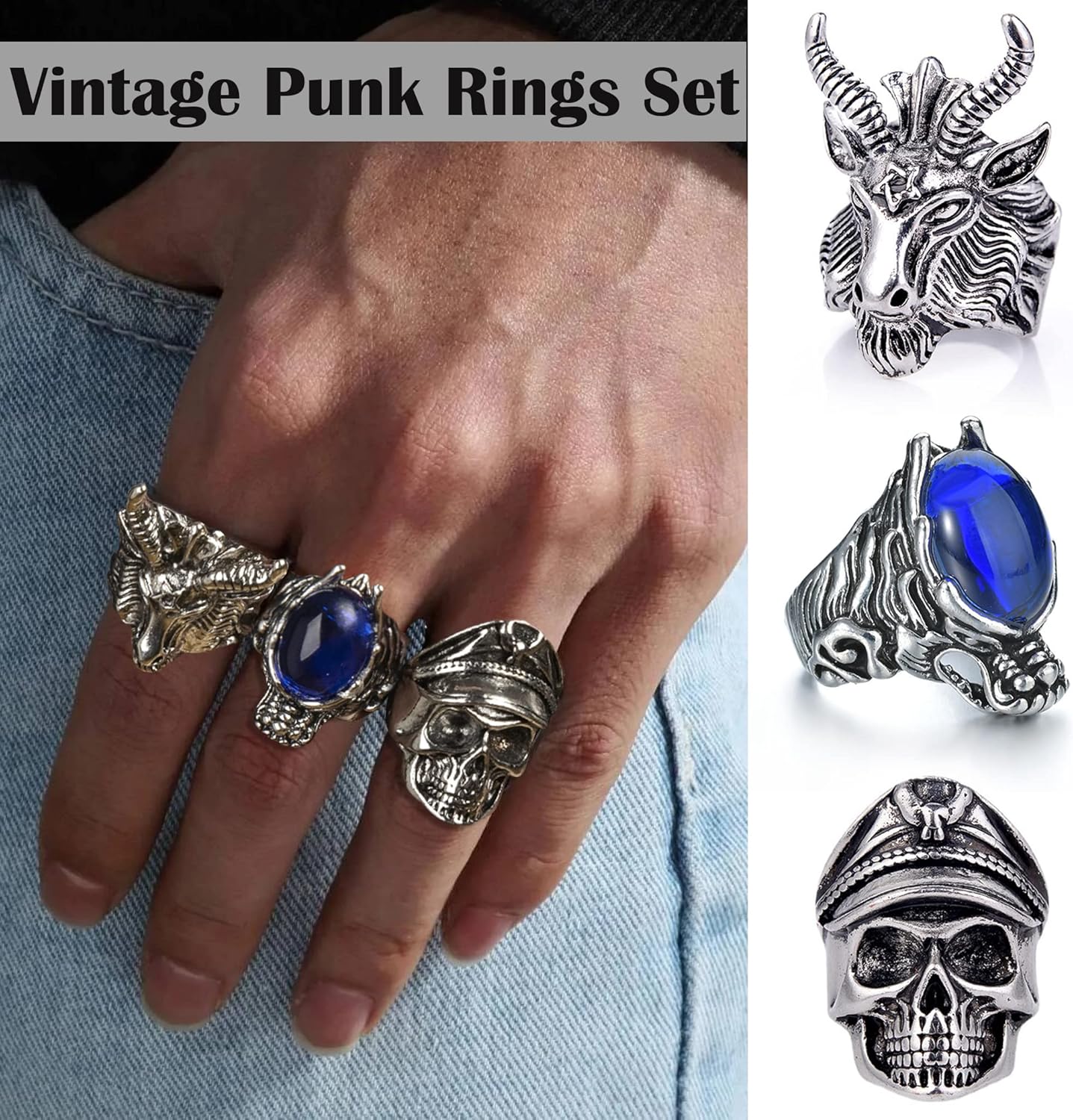 16-24 Pcs Vintage Punk Rings Set Gothic Biker Adjustable Rings Skeleton Skull Ring Feather Snake Drgon Lion Wolf Tiger Head Ring