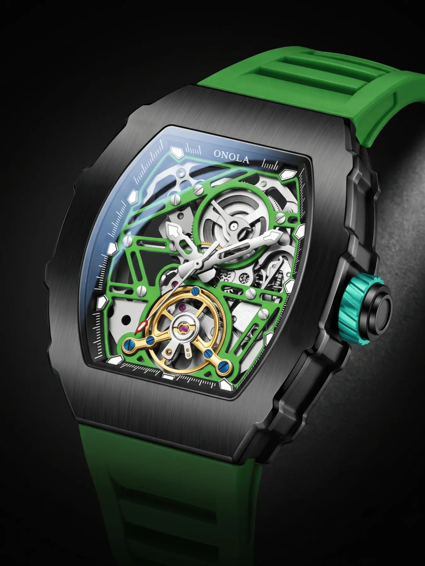 ONOLA Tonneau Skeleton Automatic Mechanical Wrist Watch Male Business Watch Luxury Fashion Trendy Mechanical Watch  Men Sports Waterproof Watch Daily Gift Watch For Gentleman  Gift
