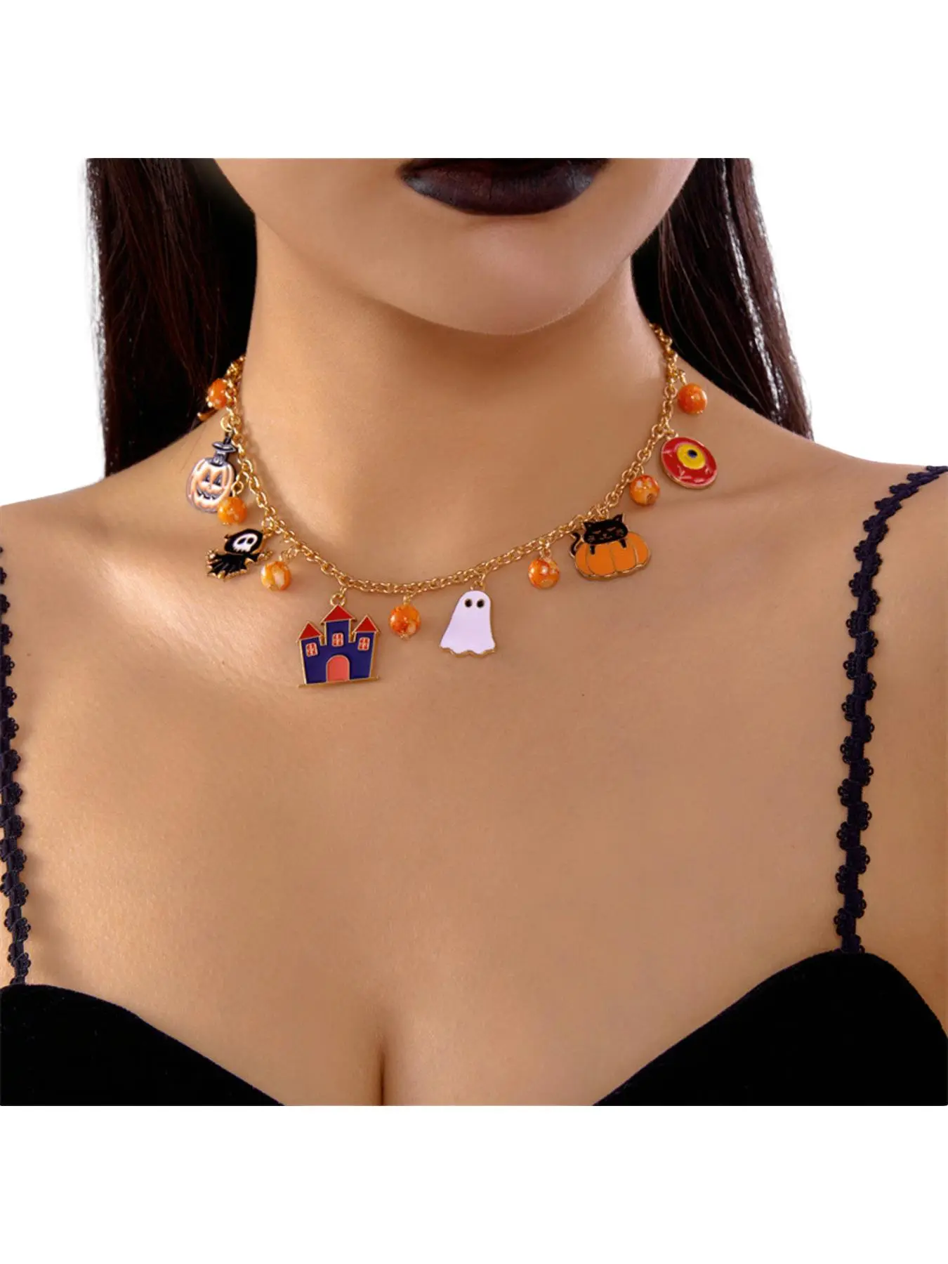 Halloween Cartoon Cat Pumpkin Necklace Funny Vibe Pendant Festive Jewelry Wholesale