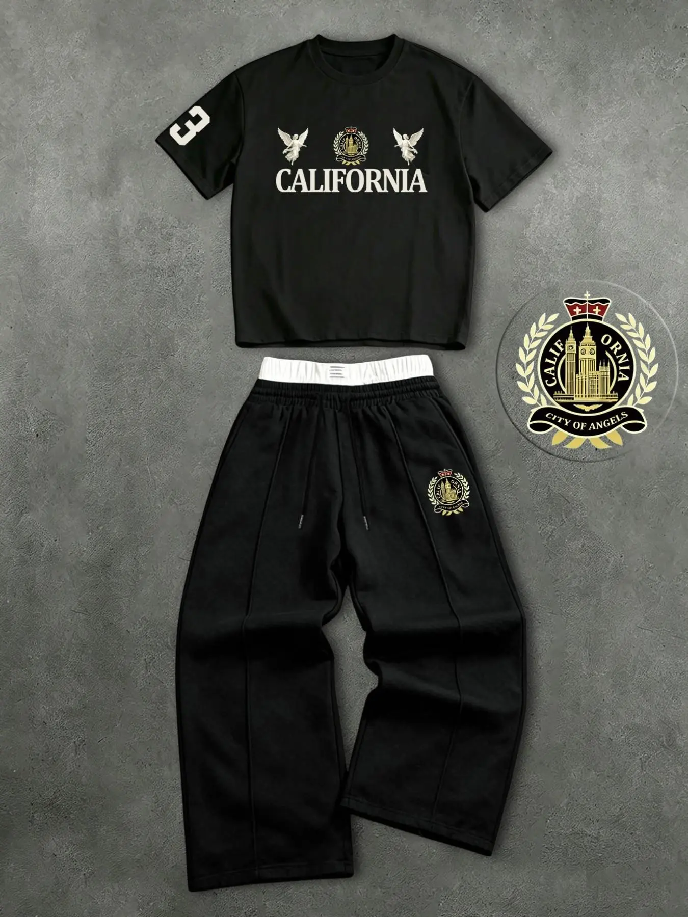 American retro California angel badge two-piece set, Y2K unisex short top + color-blocked wide-leg sweatpants, a trendy West Coast preppy style set.
