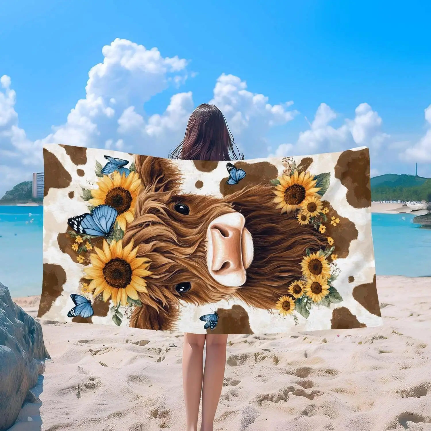 Highland Cow & Sunflower Animal Print Beach Towel - Extra Large Polyester Microfiber, Soft, Quick-Dry, Durable, Portable, Retro Glam for Beach, Pool
