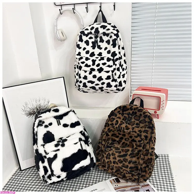Cute Backpack Fuzzy Cheetah Shoulder Bag, Y2k Purse Fleece Chic Bookbag Trendy Aesthetic Coquette Daypack