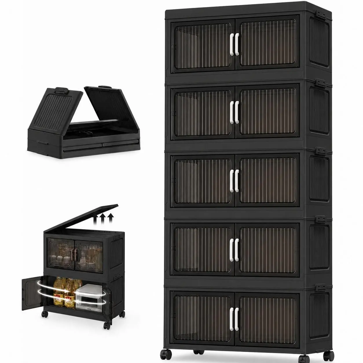 5 Tier Stackable Plastic Storage Bins with Lids , Collapsible Closet Organizers and Storage with Wheels for Living Room,Office,Dorm