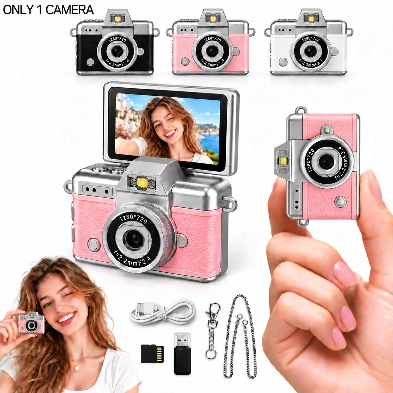 Mini Keychain Digital Camera with SD Card, Reader, Adapter, Pocket Size, Video Recording, Photo & Video Capture, Retro Vlog Camera, Travel, Concert, Christmas Gift