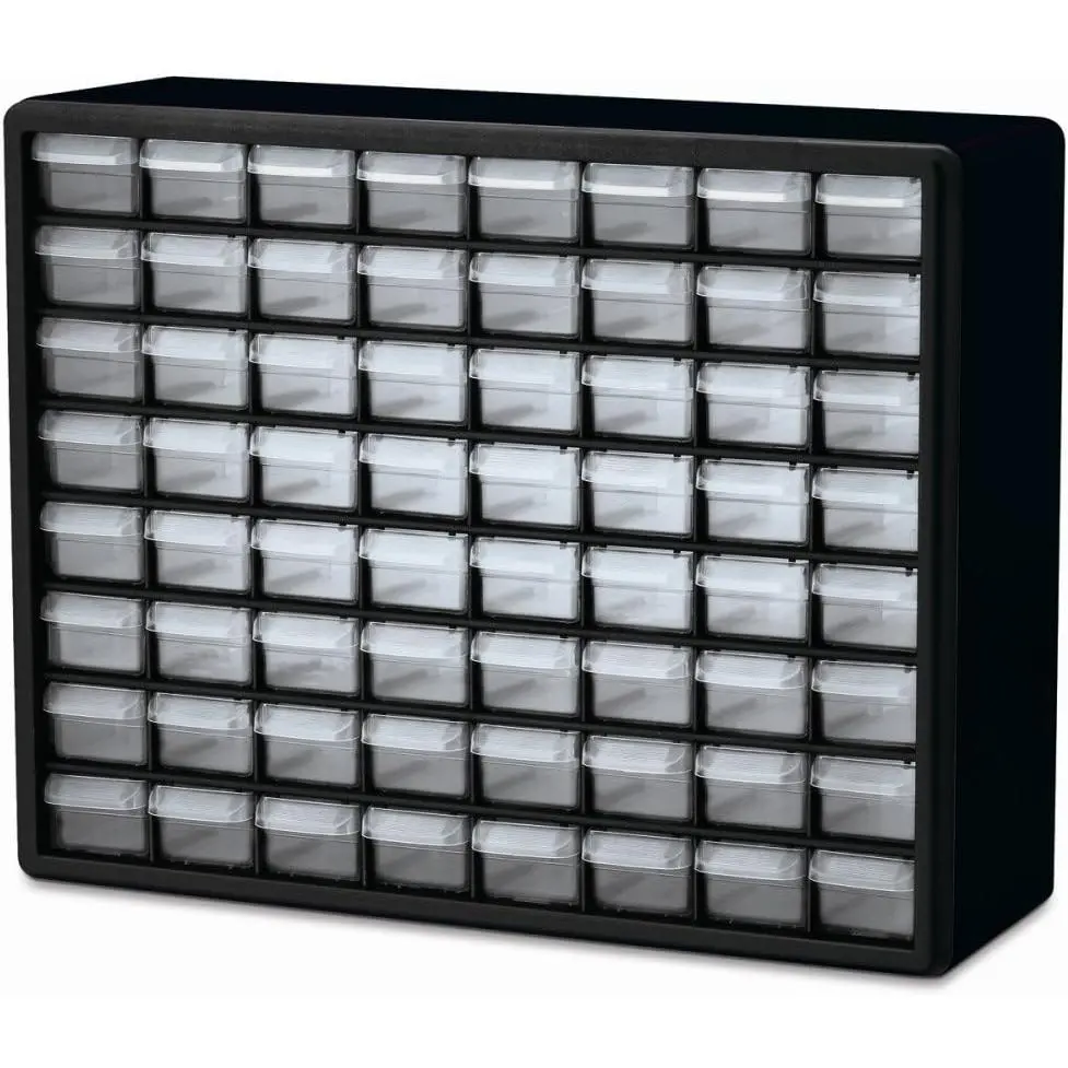 64-Drawer Stackable Plastic Storage Cabinet with Dividable Drawers - Garage Organization, Classroom Use - 20" W x 6" D x 16" H Black 10764