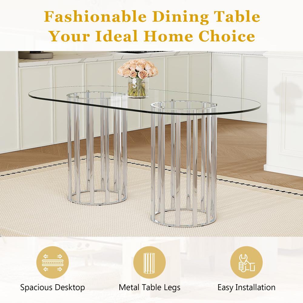 71 inch oval tempered glass dining table,black double column light luxury style,tempered glass scratch resistant and easy to clean.Suitable for 6-8 people dining, modern light luxury restaurant table.