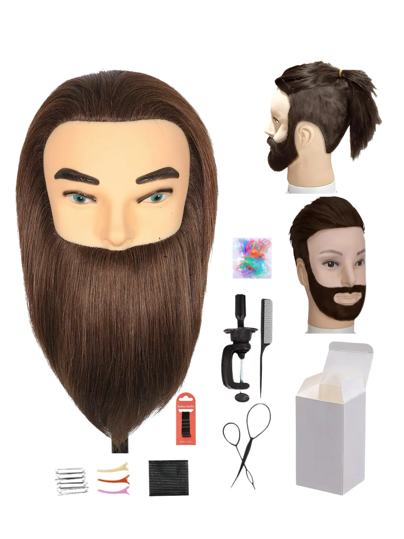 100% Human Hair Mannequin Head Dark Brown Hair Styling Training Doll Head for Cosmetology Students Barber Practice, Beard Cutting Braiding Curling Straightening Wig Making with Clamp Holder Salon Hairdresser Training Tool Beauty School Equi