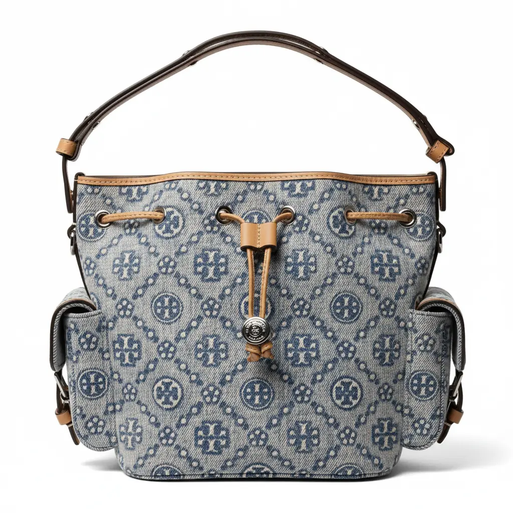 Tory Burch T Monogram Fabric Bucket Handbag for Women in Powder Blue