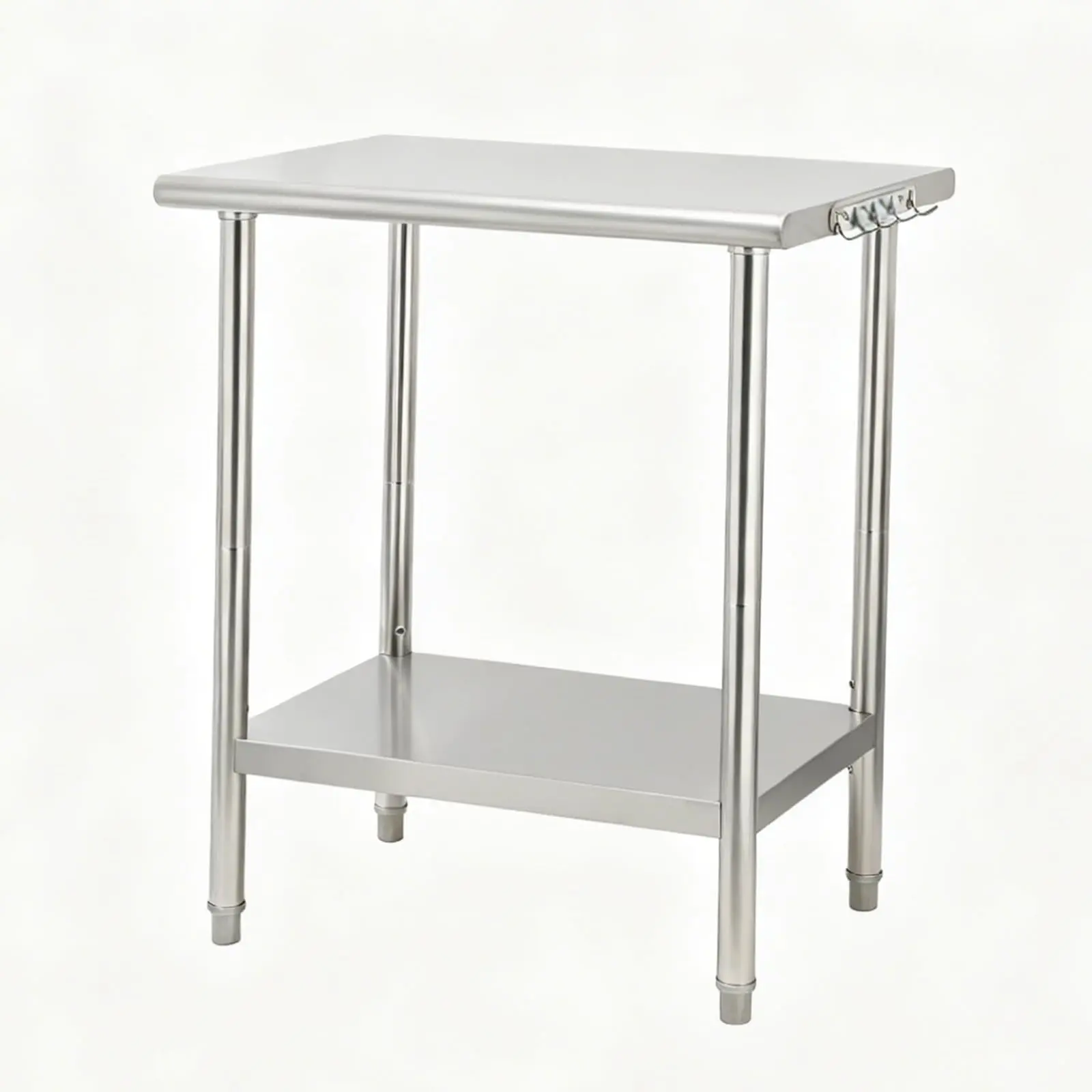 Heavy Duty Stainless Steel Commercial Work Table – Double Layer Prep Station, Undershelf, Side Hooks, Locking Swivel Casters – 0.7mm Thick Top, 48x24x35 inch, Mobile Utility Table for Kitchen, Lab