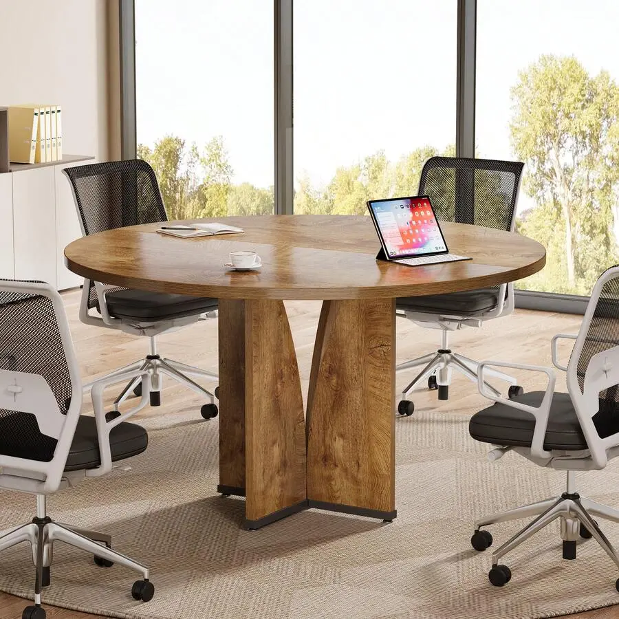 39" Round Conference Table 4, Modern Round Meeting Table With Sturdy Base, Small Compact Conference Room Tables Office, Training, Or Negotiation (Vintage Brown)