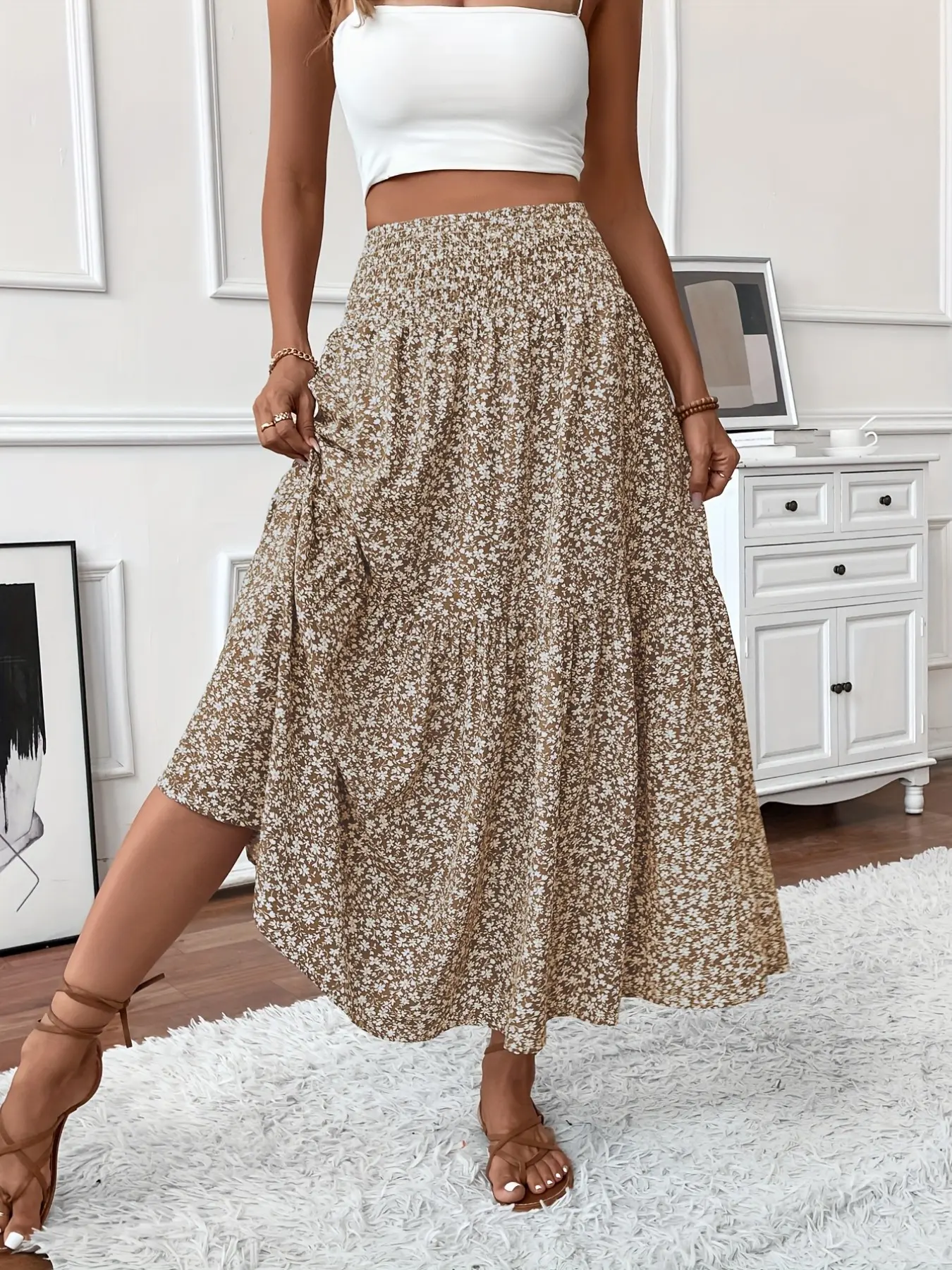 Women's Casual Feminine Boho Ditsy Floral Print Elastic Waist Pockets A-Line Skirt, Fashionable Chic Fitted Long Skirt, A Line Skirts