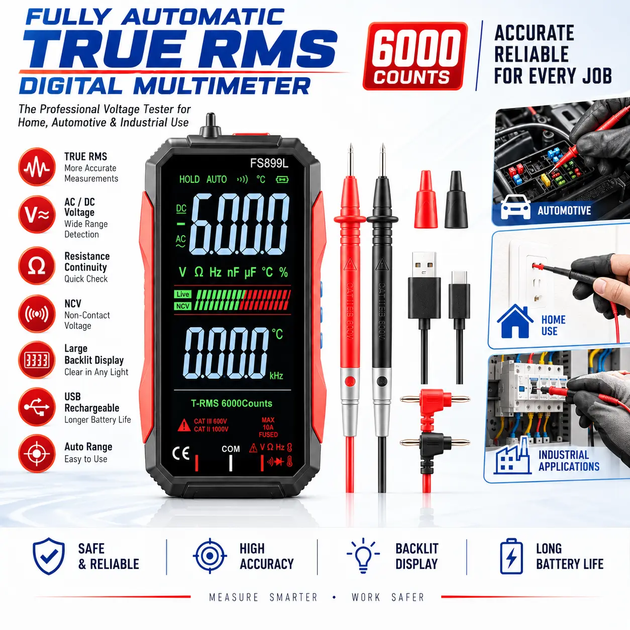 Fully Automatic True RMS (TRMS) 6000 Count Digital Voltmeter - A reliable voltage tester suitable for home, automotive, and industrial applications; a professional electrical tool.