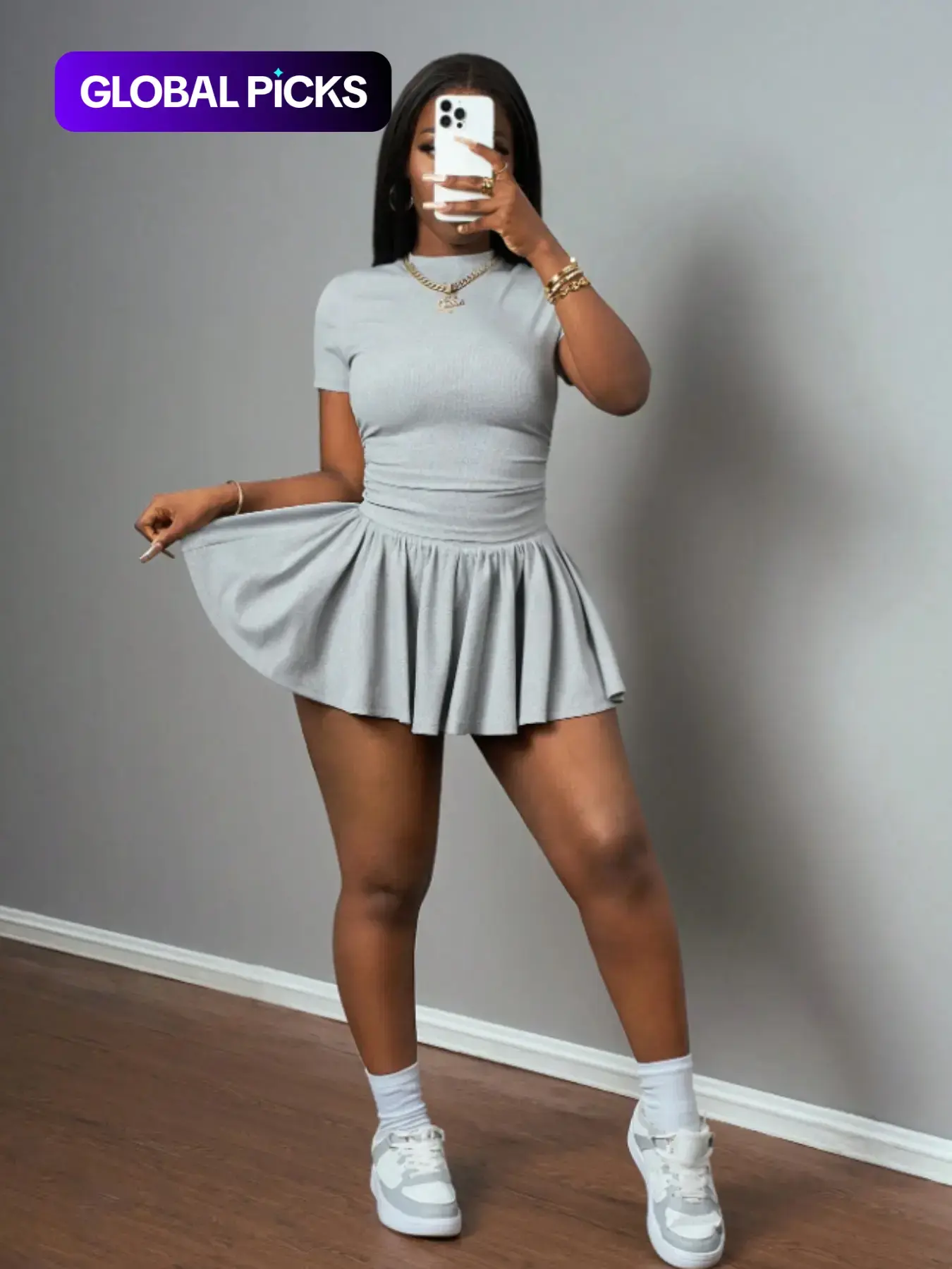 Women's Casual Summer Sports Style Round Neck Short Sleeve T-Shirt + Umbrella Skirt Set Outfit, Two-Piece Knit Fabric, All Seasons Clothes