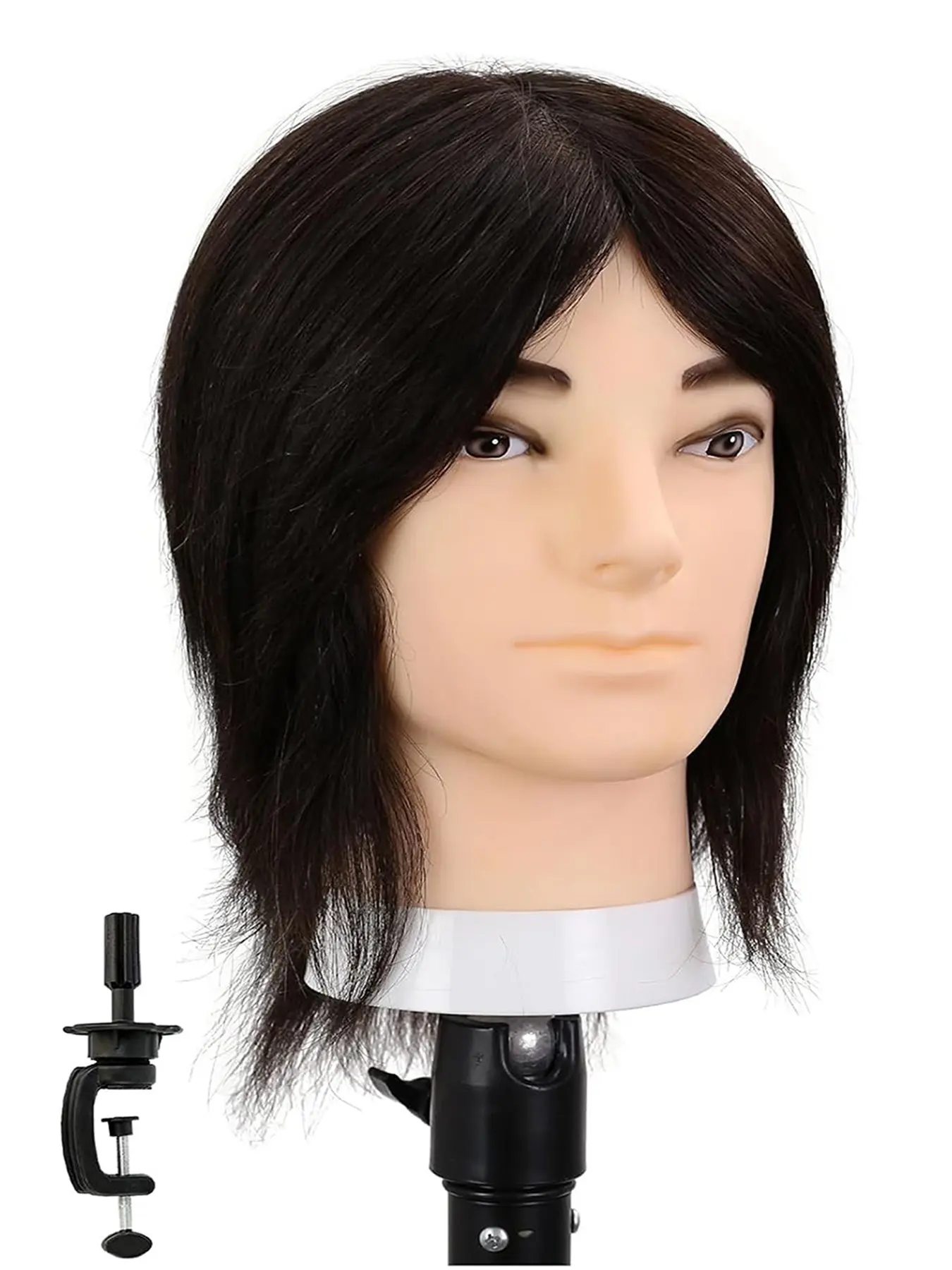 10" Male Mannequin Head 100% Real Hair, Professional Barber Mannequin Head Hairdressing Cosmetology Manikin Training Head for Hair Cutting Styling Practice with Free Clamp Stand