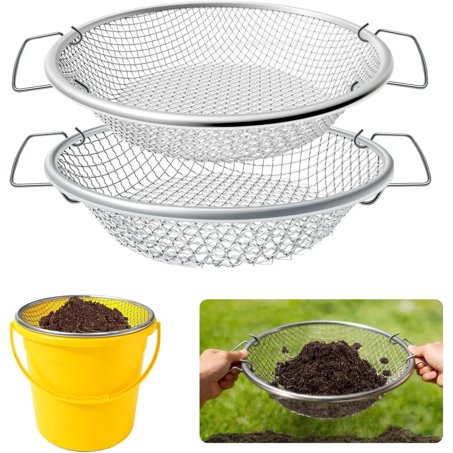 2PCS Soil Sifter for Gardening, 3mm + 6mm Mesh Compost Sifter with Detachable Handle for 5 Gallon Buckets Garden Sieve Sifters for Dirt Rocks Pellet Gravel Sand