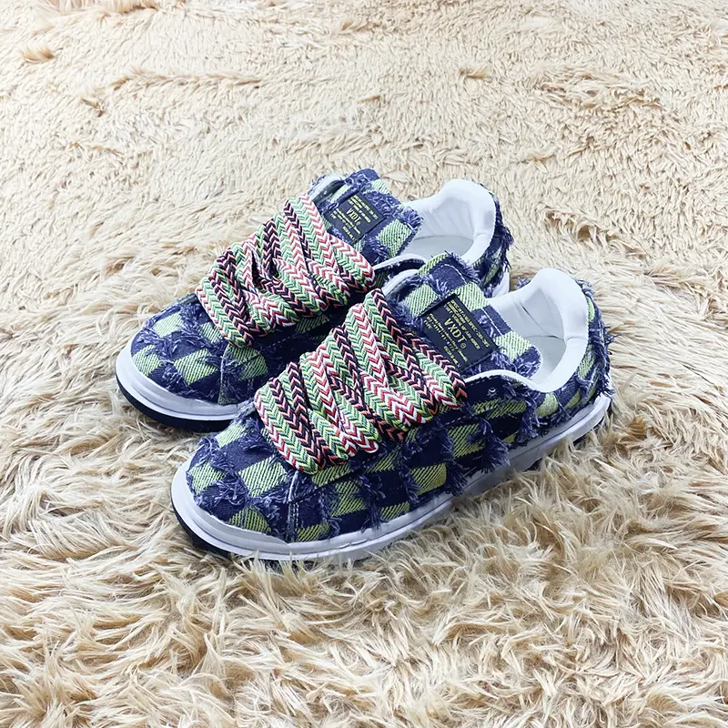 Color Block Plaid Distressed Fringe Denim Platform Skate Sneakers for Men Women, Multicolor Chevron Thick Laces Retro Y2K Grunge Street Low Top Casual Board Shoes