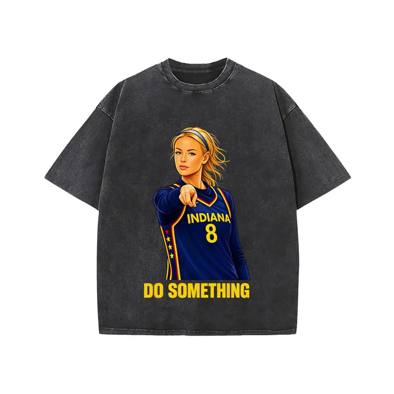 Vintage Acid Washed Black Oversized Short Sleeve T-Shirt Sophie Cunningham Indiana # 8 Cartoon Portrait Do Something Graphic Women's Basketball Retro Sports Grunge Urban Streetwear Unisex Tee For Hoops Fans