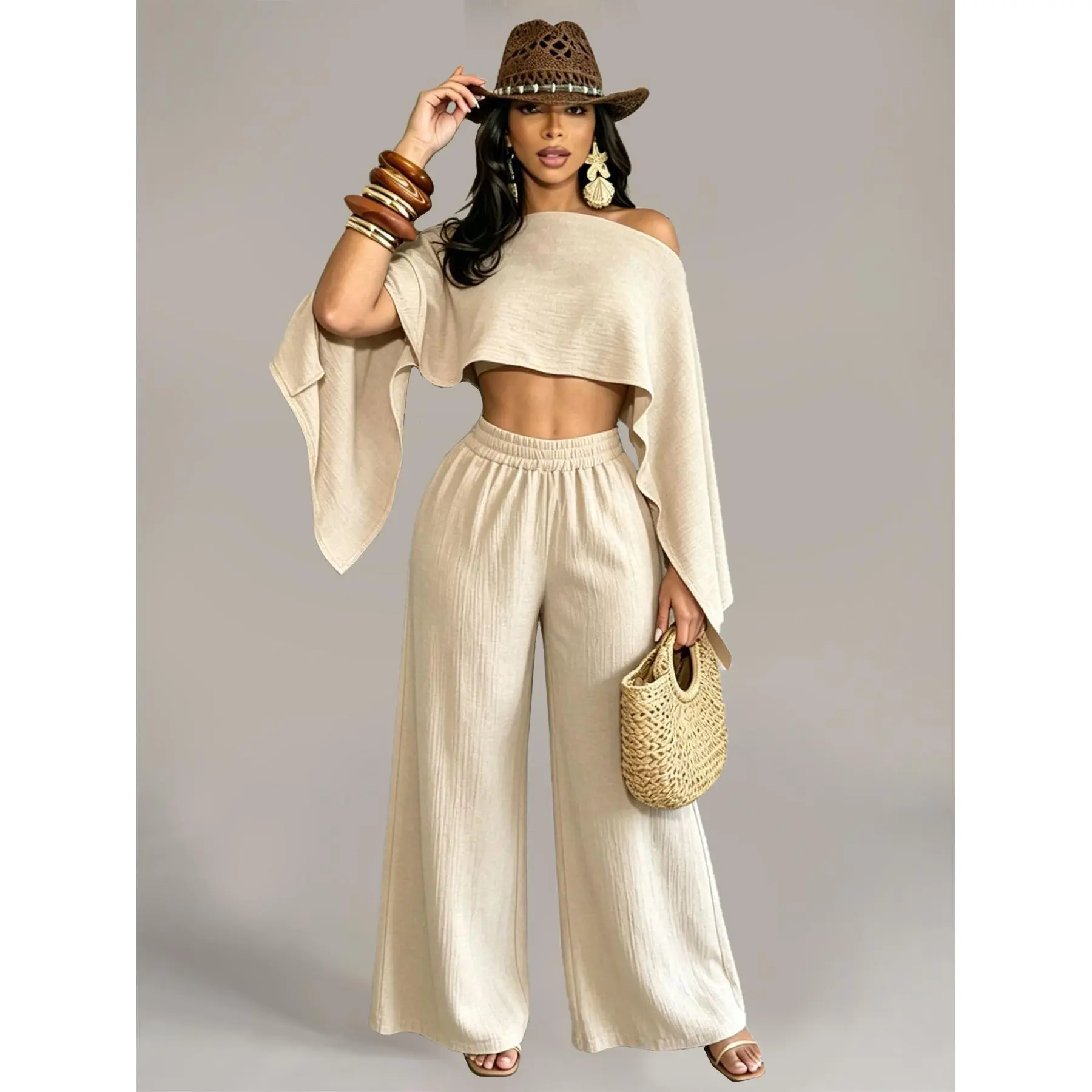 Women's 2-Piece Athleisure Sports Set - Elegant Solid Loose Casual Longsleeves Asymmetrical Off-Shoulder Top, Elastic Waist Pocketed Pants for Beach Vacation, Women's Clothes