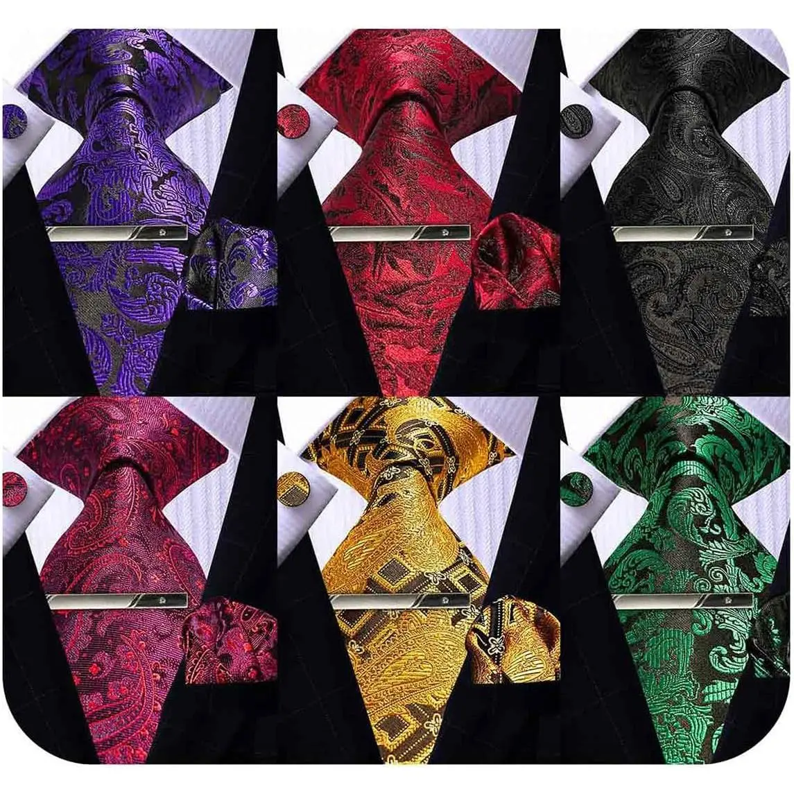 Mens Silk Tie Set, 6PCS Tie and Pocket Square Cufflinks Clip Set Wedding Business Party Necktie