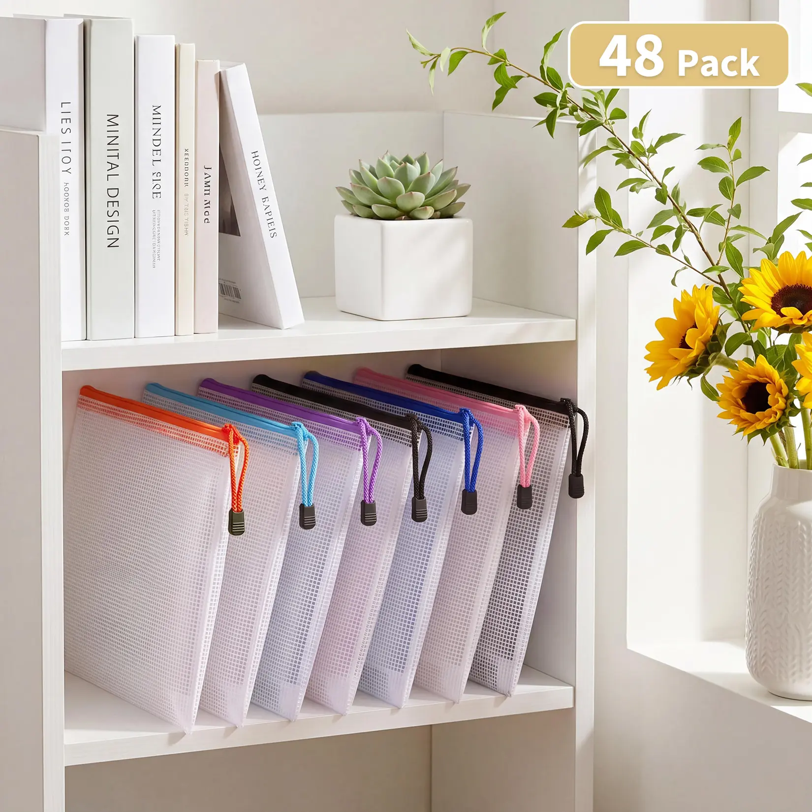 Heavy Duty A3 Mesh Zipper Pouch Bags - 48 Pack Clear Waterproof PVC Document Organizers - 16.9"x11.6" File Storage - 6 Assorted Colors - Multipurpose Office & School Filing Supplies