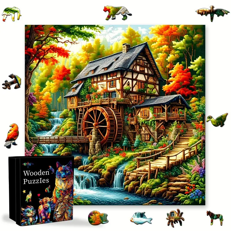 Country Fairy Tale Mill Wooden Puzzle, Irregular Animal Shape, Brain Exercise Game, Family Office Decoration, Ideal Gift for Holidays, Wood Puzzles