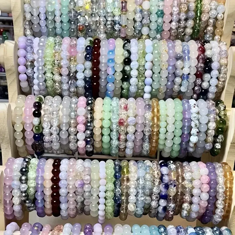 Glass Bead Bracelets - 10pcs Random/20/30 Sets, 8mm Multi-Color Unique Crack Design, Sparkling Semi-Transparent Unisex Adjustable Stackable Bracelets for Daily Wear & Gifting (Slight Color Variation), Adjustable Size, Random Sets, Adults, Cracking, Stacka